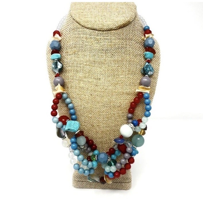 Nena Blue Red Chunky Loop Statement Necklace Turquoise Shell Stone Bead 17